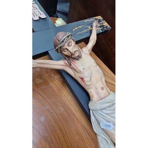 433 - A Large Crucifix featuring a detailed wood-carved Christ figure, from mid-century, with an INRI plaq... 