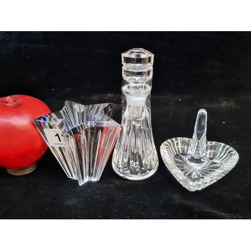 127 - Three pieces of Waterford Crystal including a perfume bottle with original stopper and a ring dish.