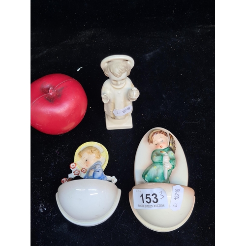 153 - Three vintage beautiful  West German Goebel figures including two holy water fountains. In very Good... 