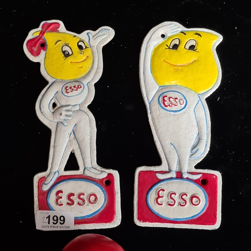 199 - A pair of painted heavy cast metal wall plaques in the form of the Esso oil mascots.