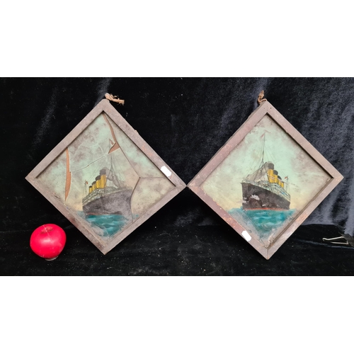 220 - A pair of antique reverse painted and abalone shell glass panels featuring the Titanic and Olympic p... 