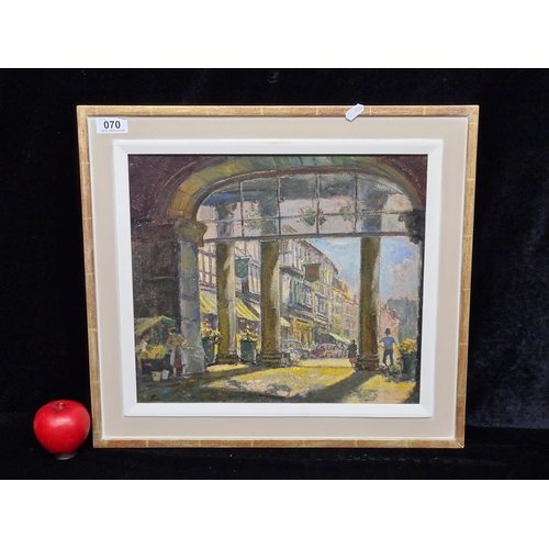 70 - Star Lot: A wonderful original oil on wooden panel painting titled ' View of Town Through Columns'. ... 