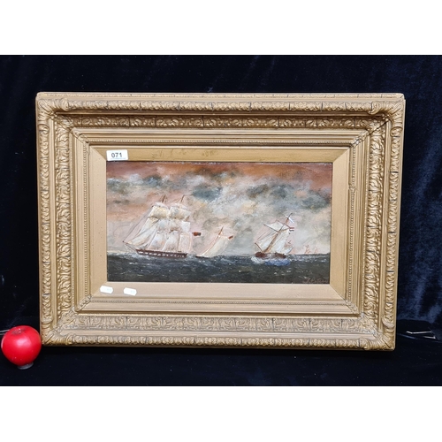 71 - Star Lot: A brilliant original antique oil on canvas painting. Features a nautical scene with sailin... 