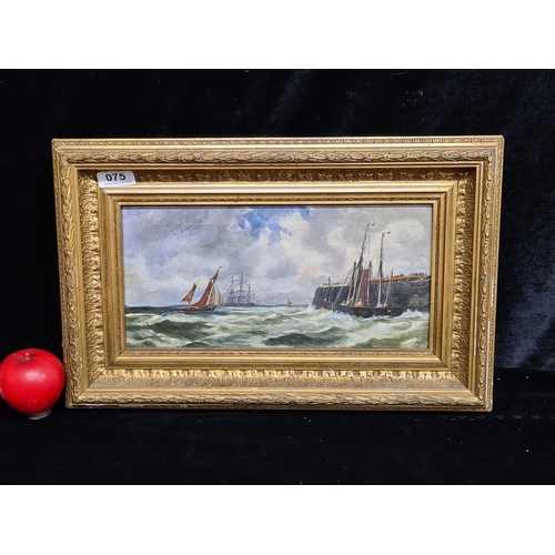 75 - Star Lot: A striking original 19th century oil on canvas painting. Features a ship by the harbour wi... 