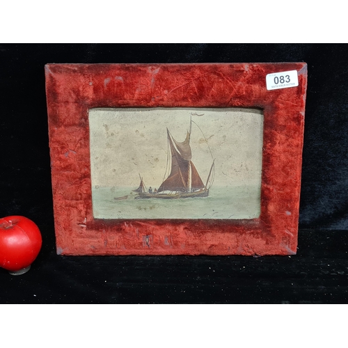 83 - An original antique watercolour on board painting. Features a sail boat gliding across the ocean. In... 