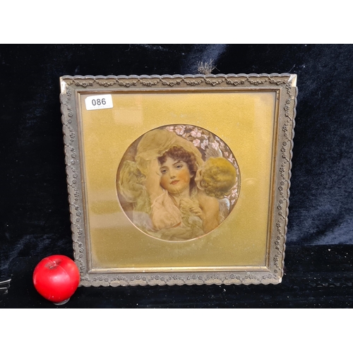 86 - An elegant oil painting on quality print. Featuring a portrait of a graceful woman with cupid. Rende... 