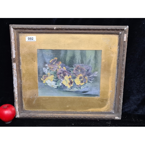 92 - An original acrylic on board painting featuring a still life of pansies rendered in loose brushstrok... 