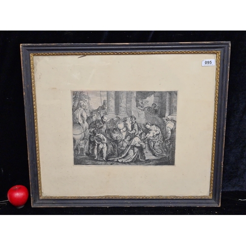 95 - An antique engraving depicting the nativity scene of the Adoration of the Shepherds. Housed in a woo... 