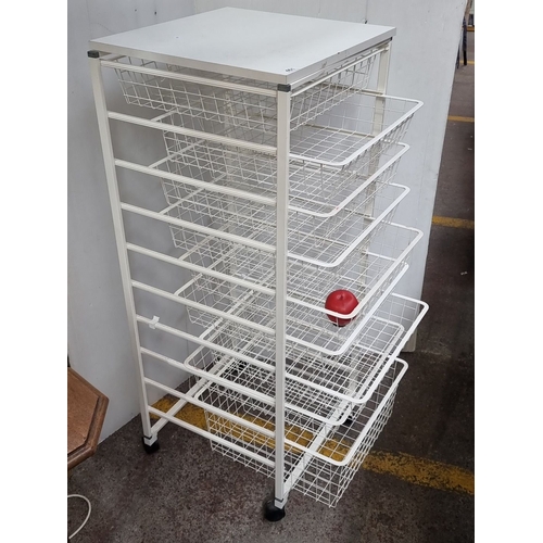 461 - Elfa rolling storage cart with six white wire mesh drawers.