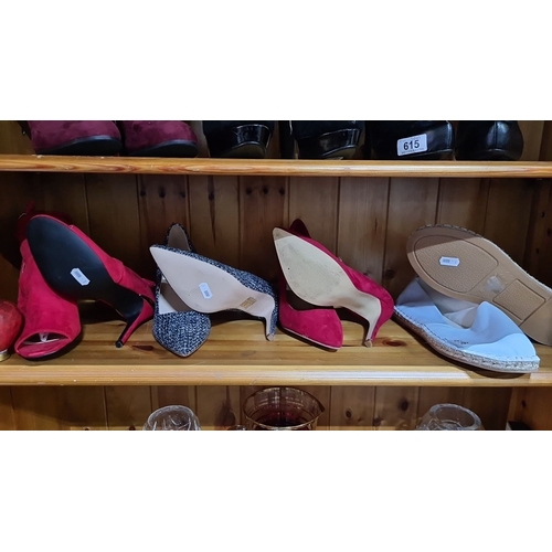 616 - A collection of four brand new pairs of women’s footwear: a pair of red suede open-toe heels (UK 5) ... 