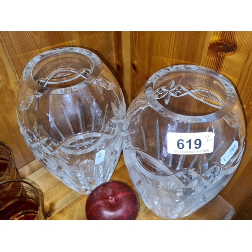 619 - Star lot : A lovely Pair of heavy Waterford  cut crystal glass vases with geometric detailing. Heavy... 