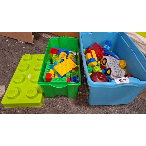 621 - Two boxes of assorted LEGO bricks and pieces, vibrant colors, variety of shapes, including wheels an... 