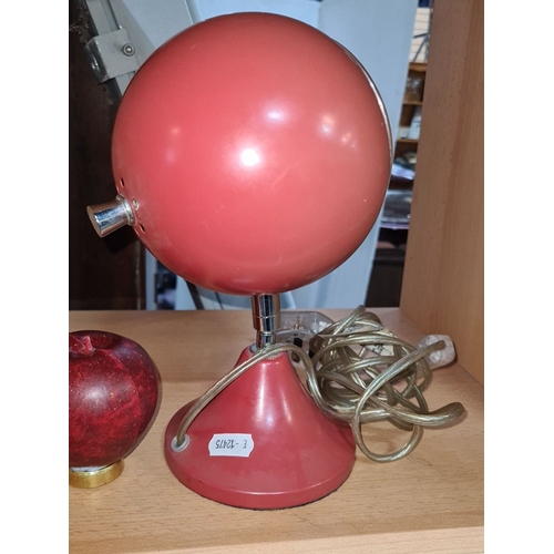 627 - Retro red spherical desk lamp with adjustable base, chrome accents, and original wiring. Mid-Century... 