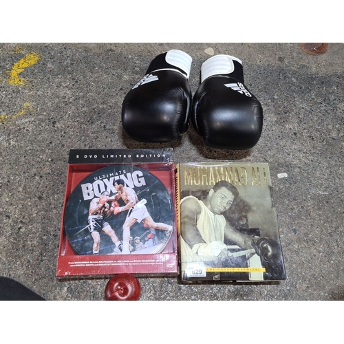 629 - Adidas Hybrid 100 boxing gloves, Muhammad Ali book 