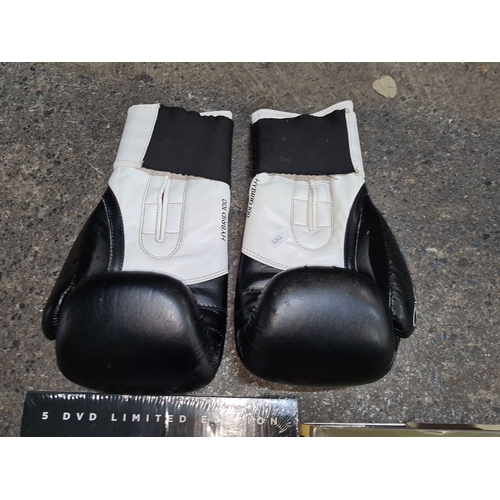 629 - Adidas Hybrid 100 boxing gloves, Muhammad Ali book 