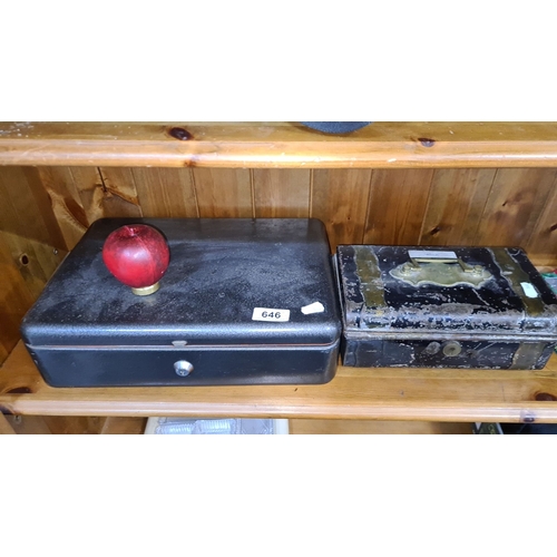 646 - Pair of vintage metal cash boxes showing age-related patina. Both feature secure lock mechanisms.