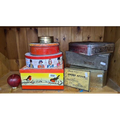 650 - Collection of vintage tins, including a Westminster chocolate tin and a Sweet Afton cigarette tin wi... 