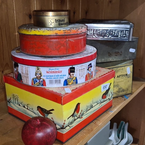 650 - Collection of vintage tins, including a Westminster chocolate tin and a Sweet Afton cigarette tin wi... 