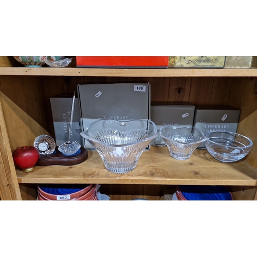 651 - Tipperary Crystal set featuring two lead crystal bowls and a pen stand with clock.