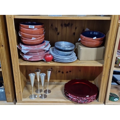 652 - Collection of melamine dishware, including bowls and plates.  Includes metal vases with modern desig... 