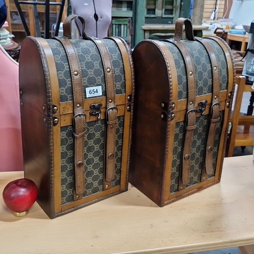 654 - Pair of vintage-style leather and fabric wine trunks with buckle detailing and divided wooden interi... 