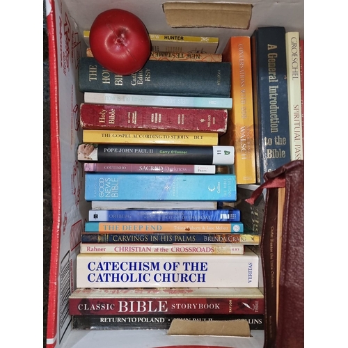 904 - Collection of religious and spiritual books featuring Bibles, catechisms, and theological texts, inc... 