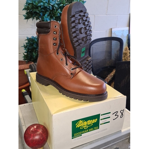 956 - A new in box pair of Niagara Goodyear Welted Boots, size 9 UK. Brown leather with oil-resistant sole... 