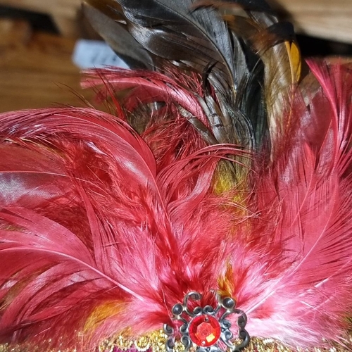 981 - Two decorative masquerade masks. One with vibrant pink feathers and a gemstone accent; the other is ... 