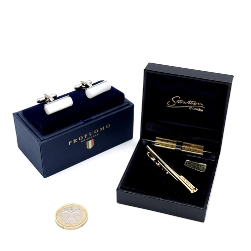 43 - Two jewellery items- a pair of Profuomo cuff-links with rolled gem set mounts and a Stratton tie pin... 