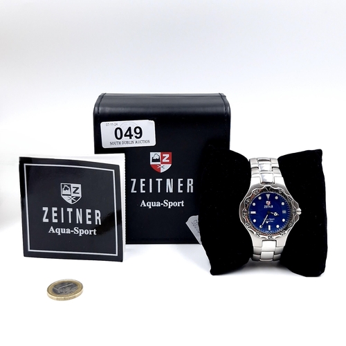 49 - An as new Zeitner Aqua-Sport wristwatch set with blue enamel dial, luminous hands, sweep second hand... 