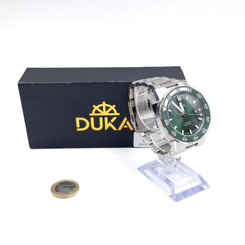 50 - An as new Duka automatic wristwatch (WR100M) set with green dial, patterned hands and luminous finis... 