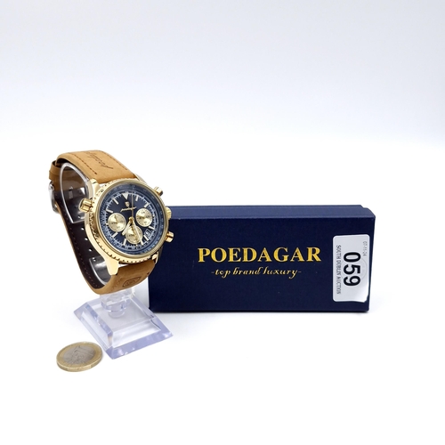 59 - An as new Poedagar chronograph wristwatch with original leather strap. Watch unopened in original bo... 