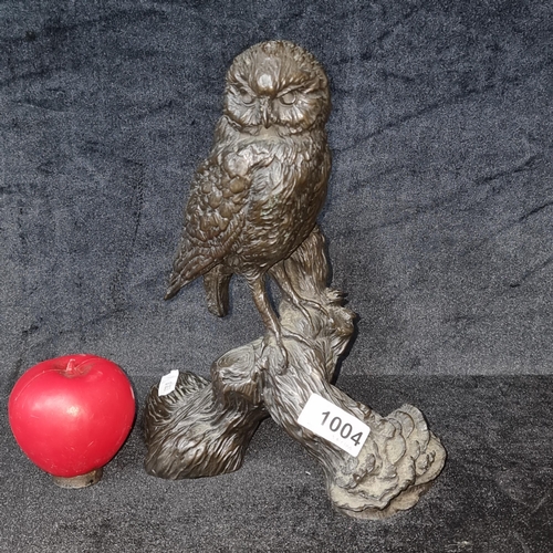 1004 - An Irish handcast bronze metal statue modelled by Jeanne Rynhart of an owl perched upon a branch. Lo... 