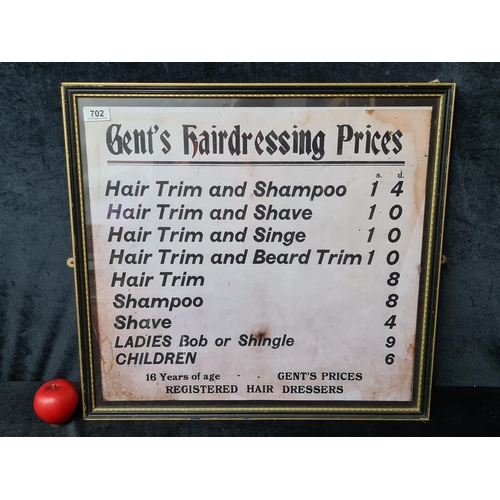 702 - A print after a vintage poster featuring Gent's hairdressing Prices. Housed in a black gilt frame be... 