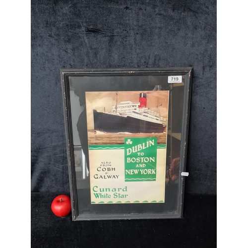 719 - A print after an original poster. Features the 'Cunard White Star' Cruise Line. Housed in a black fr... 