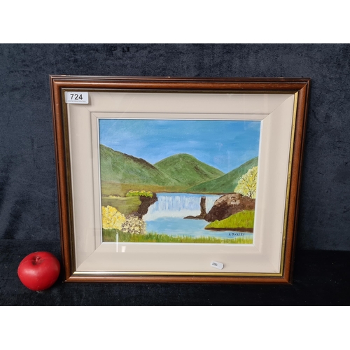 724 - A delightful original 'A O Kelly' oil on board painting. Features a serene landscape with green moun... 