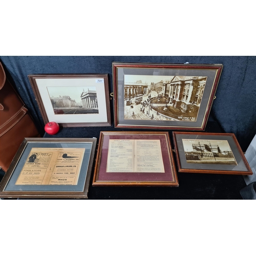 731 - A selection of five framed pieces of memorabilia of Irish interests. Includes a programme for the Ab... 