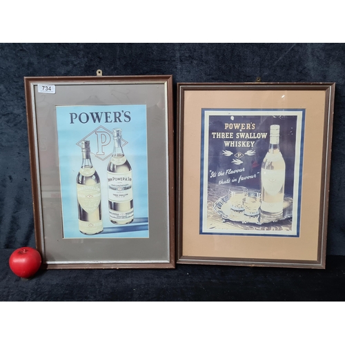 734 - A pair of vintage framed advertisements for Power's Whiskey including a humorous 'Power's Three Swal... 