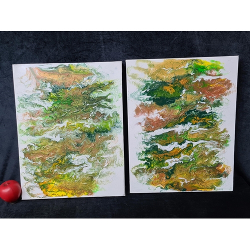 736 - A pair of original Louise Galligan oil on canvas paintings. Both feature abstract expressionists com... 