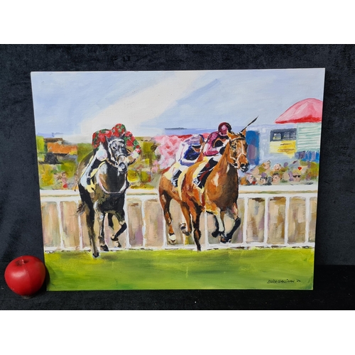 737 - An original Louise Galligan acrylic on board painting titled 'Racing Scene'. Signed and dated to  20... 