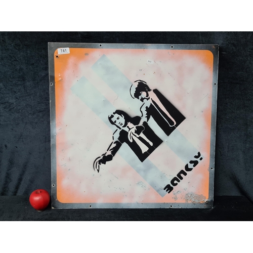 741 - A spray paint on sheet metal reproduction of an original Banksy Road Sign featuring the iconic image... 