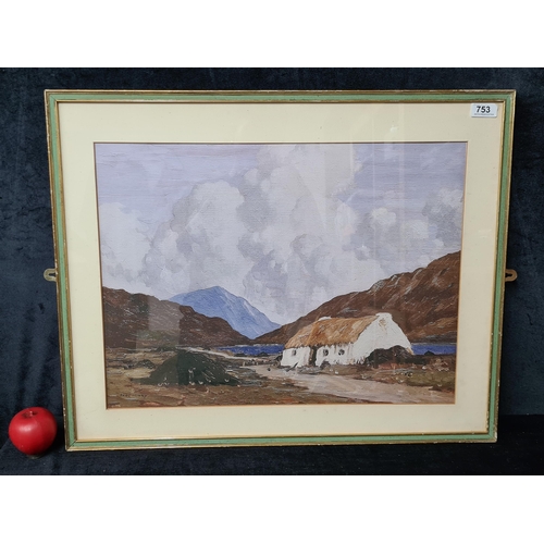 753 - A large vintage print of a Paul Henry painting titled 'A Connemara Cottage.' Housed in a green frame... 