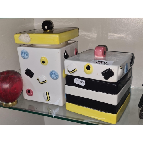 770 - Two funky liquorish all sorts themed lidded sweet jars.