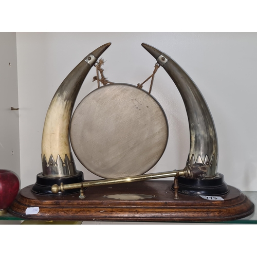 773 - Star lot : An antique large oak and horn table gong with silver plated mounts. Real statement piece ... 