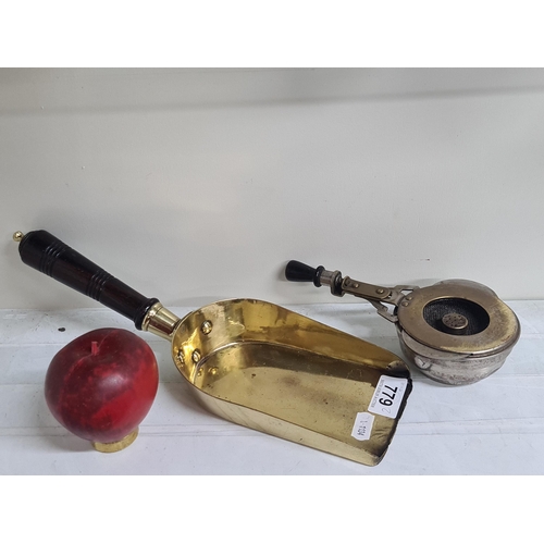 779 - Two antique items including a Rochester handheld burner and a fire bucket scoop.