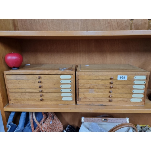 999 - Star lot : A pair of vintage oak dentistry cabinets featuring six neatly sized pullout drawers with ... 