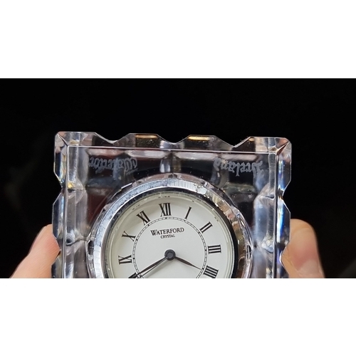 397 - Waterford Crystal desk clock and letter opener feature a cut glass design, Roman numerals, and Water... 