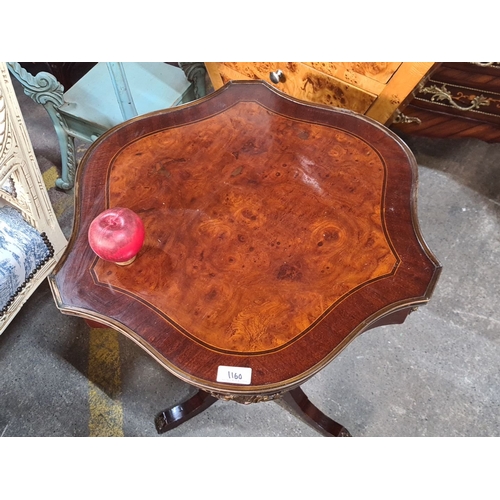 1160 - Antique stley French  mahogany and burled walnut occasional table with intricate carved floral detai... 