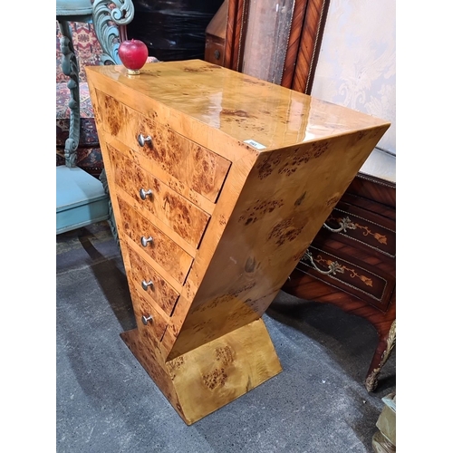 1161 - Star Lot : An Art Deco style burr wood dresser with five drawers, featuring a unique tapered design ... 