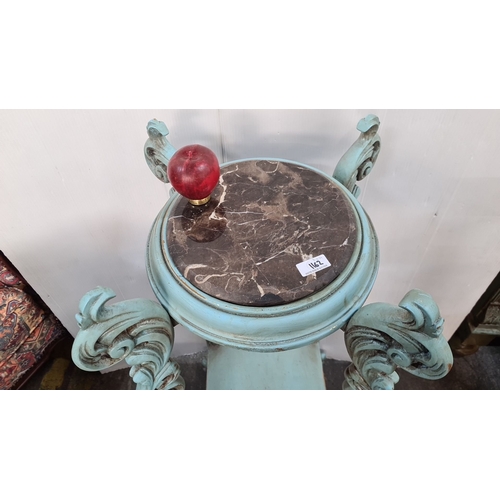 1162 - Star Lot : Ornate vintage plant stand with turquoise wood frame and cold Italian marble top, featuri... 